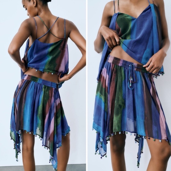 NEW| ZARA Handkerchief Boho Gypsy Beaded Hem Mini Skirt - Picture 4 of 9